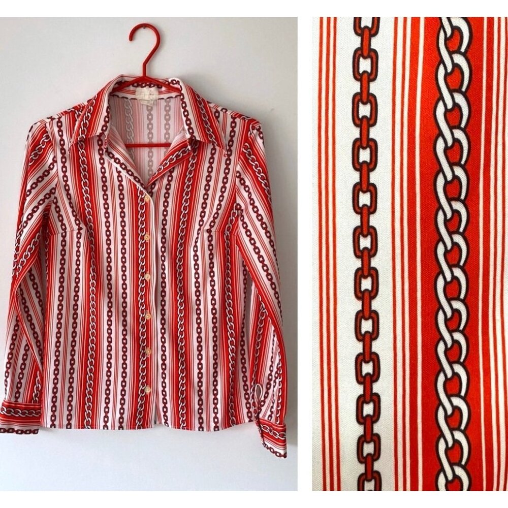 70s vintage red chain striped novelty print collared button up blouse shirt - Picture 8 of 9